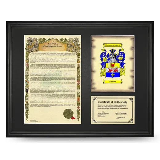 Gerber Framed Surname History and Coat of Arms - Black