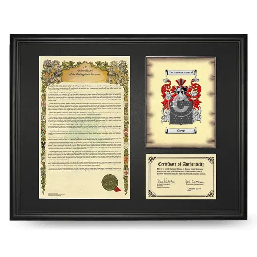 Geve Framed Surname History and Coat of Arms - Black