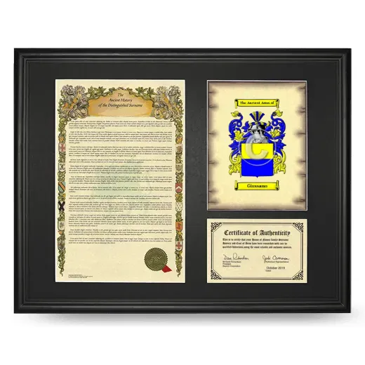 Giussano Framed Surname History and Coat of Arms - Black
