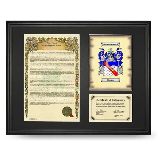 Gladem Framed Surname History and Coat of Arms - Black