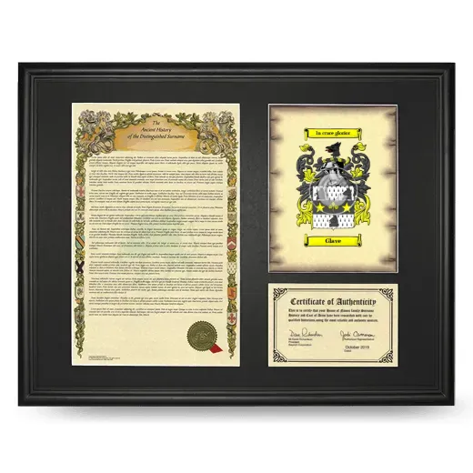 Glave Framed Surname History and Coat of Arms - Black