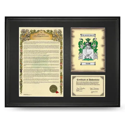 Goede Framed Surname History and Coat of Arms - Black