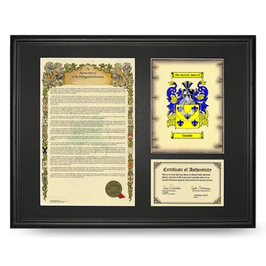 Gomis Framed Surname History and Coat of Arms - Black