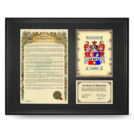 Goodshal Framed Surname History and Coat of Arms - Black