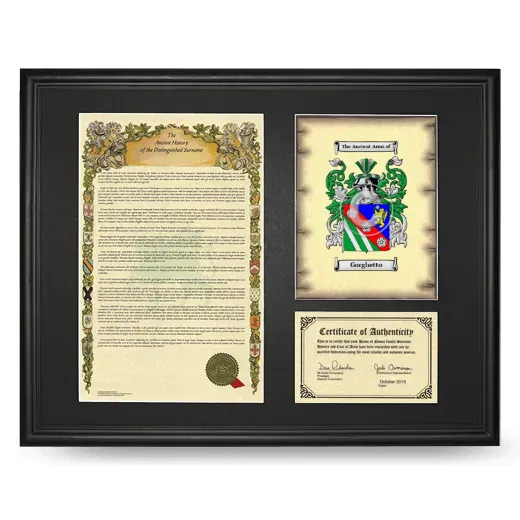 Gorghetto Framed Surname History and Coat of Arms - Black
