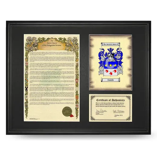 Gorick Framed Surname History and Coat of Arms - Black