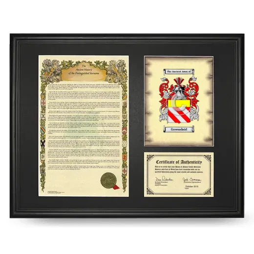 Greenslaid Framed Surname History and Coat of Arms - Black