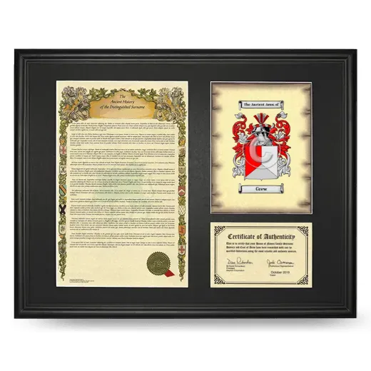 Grew Framed Surname History and Coat of Arms - Black