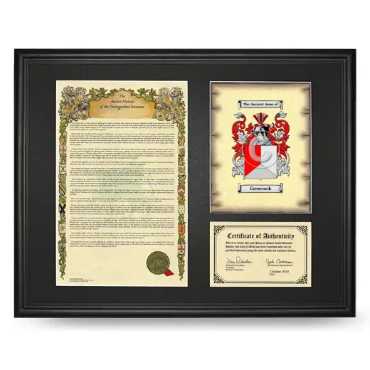 Grewcock Framed Surname History and Coat of Arms - Black