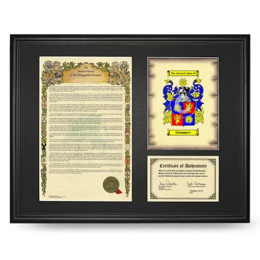Grimmett Framed Surname History and Coat of Arms - Black