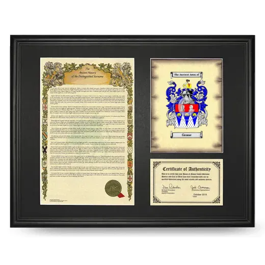 Grone Framed Surname History and Coat of Arms - Black