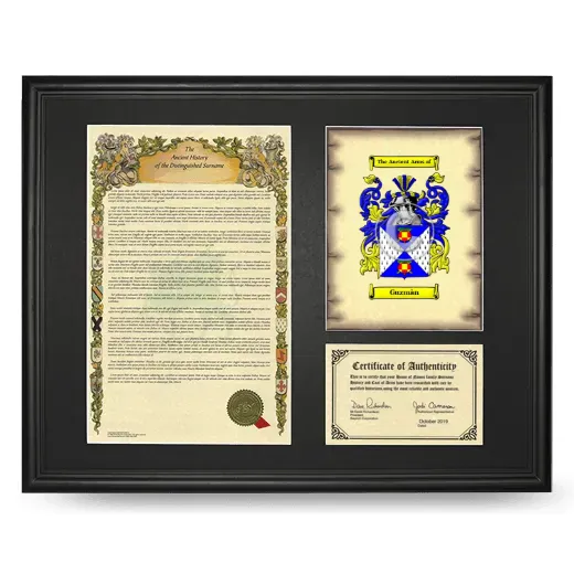 Guzmàn Framed Surname History and Coat of Arms - Black