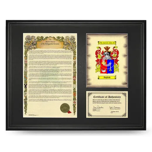 Hajduk Framed Surname History and Coat of Arms - Black