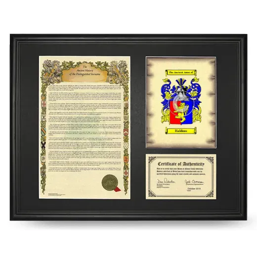Haldom Framed Surname History and Coat of Arms - Black