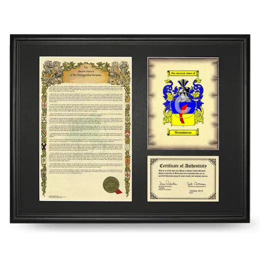 Hammann Framed Surname History and Coat of Arms - Black