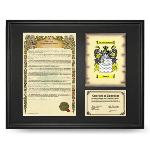 Hamps Framed Surname History and Coat of Arms - Black