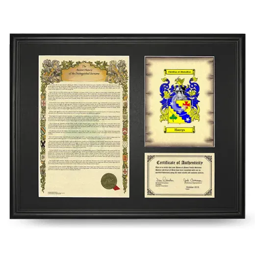 Harrys Framed Surname History and Coat of Arms - Black