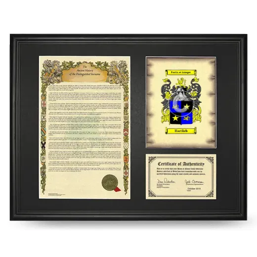 Hartlieb Framed Surname History and Coat of Arms - Black