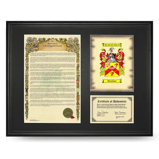Haxshaw Framed Surname History and Coat of Arms - Black
