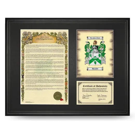 Heaslet Framed Surname History and Coat of Arms - Black