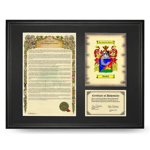 Henkel Framed Surname History and Coat of Arms - Black