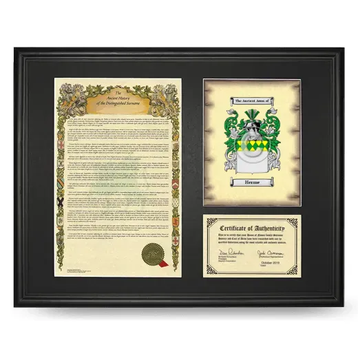Herme Framed Surname History and Coat of Arms - Black