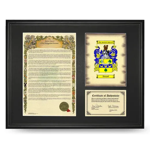 Hezzel Framed Surname History and Coat of Arms - Black