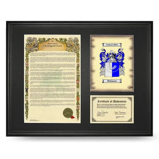 Hickmans Framed Surname History and Coat of Arms - Black