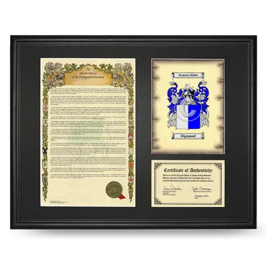 Higmand Framed Surname History and Coat of Arms - Black
