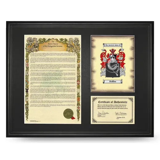 Hoffen Framed Surname History and Coat of Arms - Black