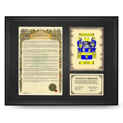 Homels Framed Surname History and Coat of Arms - Black
