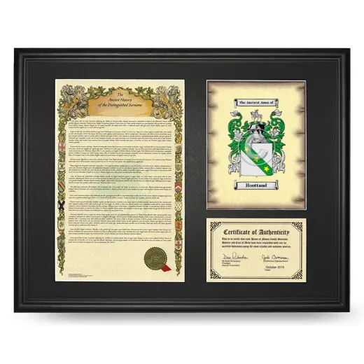 Hoottand Framed Surname History and Coat of Arms - Black