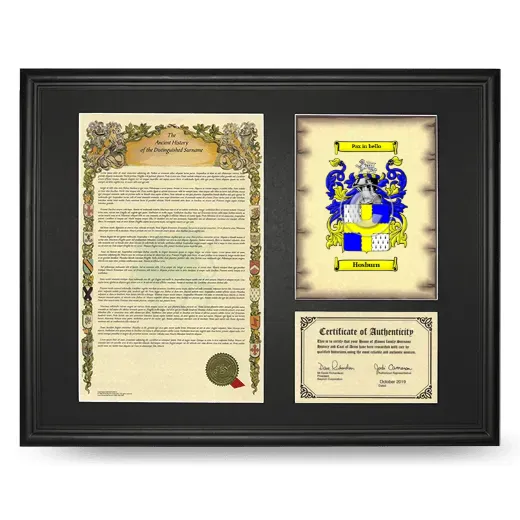 Hosburn Framed Surname History and Coat of Arms - Black