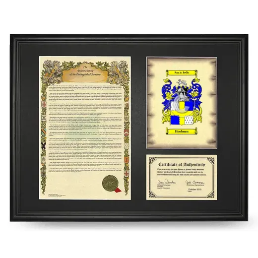 Hosburn Framed Surname History and Coat of Arms - Black