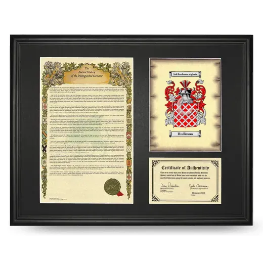 Hudleson Framed Surname History and Coat of Arms - Black