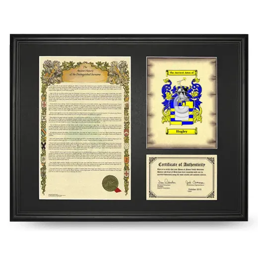 Hugley Framed Surname History and Coat of Arms - Black