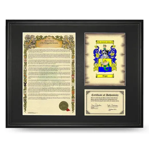 Hugo Framed Surname History and Coat of Arms - Black