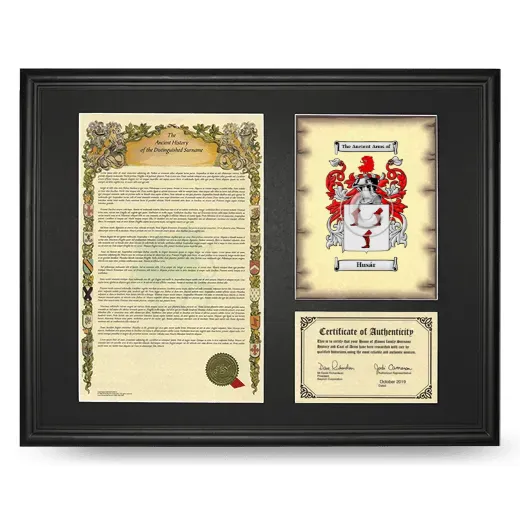 Husár Framed Surname History and Coat of Arms - Black