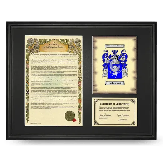Jablonowski Framed Surname History and Coat of Arms - Black