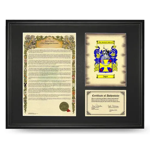 Jager Framed Surname History and Coat of Arms - Black