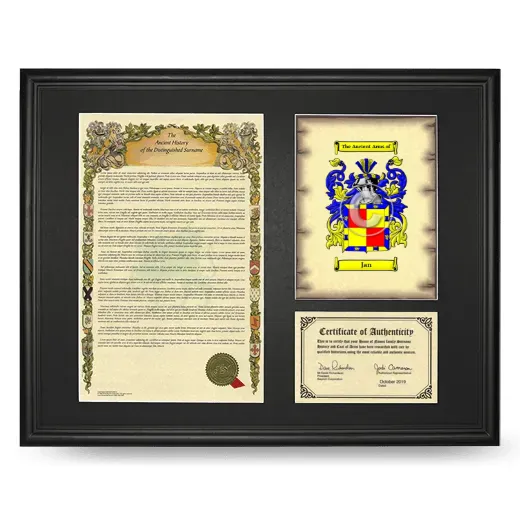 Jan Framed Surname History and Coat of Arms - Black