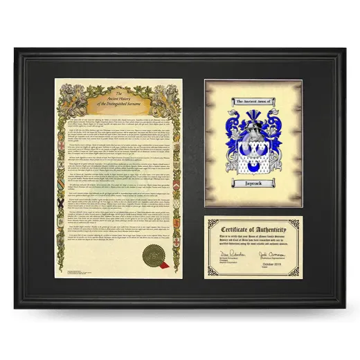 Jaycock Framed Surname History and Coat of Arms - Black