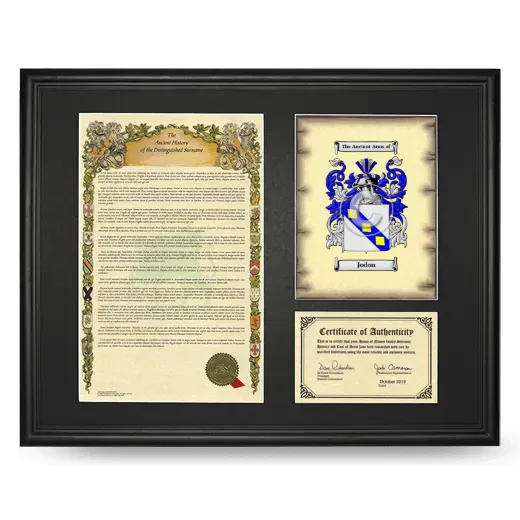 Jodon Framed Surname History and Coat of Arms - Black