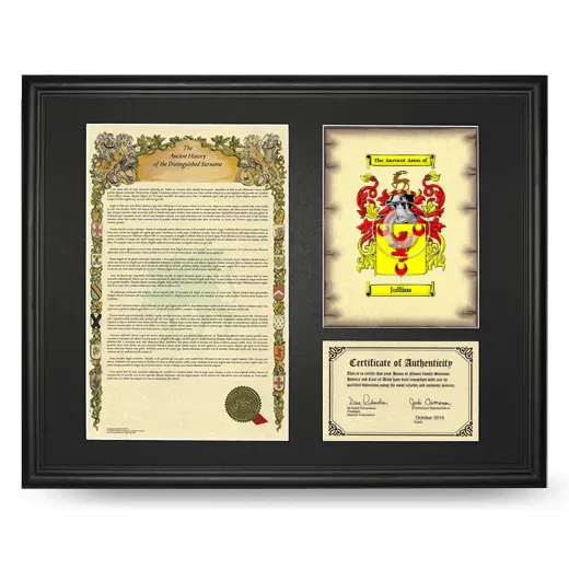 Jollins Framed Surname History and Coat of Arms - Black