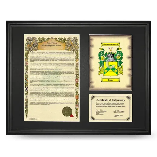 Judes Framed Surname History and Coat of Arms - Black