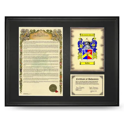 Kalles Framed Surname History and Coat of Arms - Black