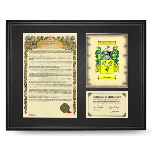 Katham Framed Surname History and Coat of Arms - Black