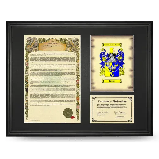 Kenie Framed Surname History and Coat of Arms - Black