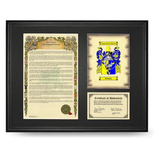 Kenney Framed Surname History and Coat of Arms - Black