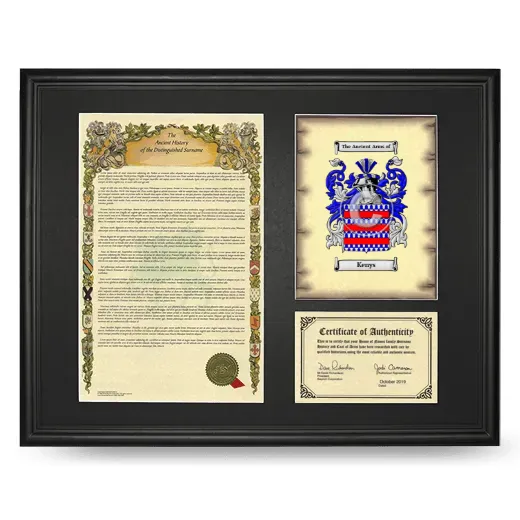 Kenys Framed Surname History and Coat of Arms - Black